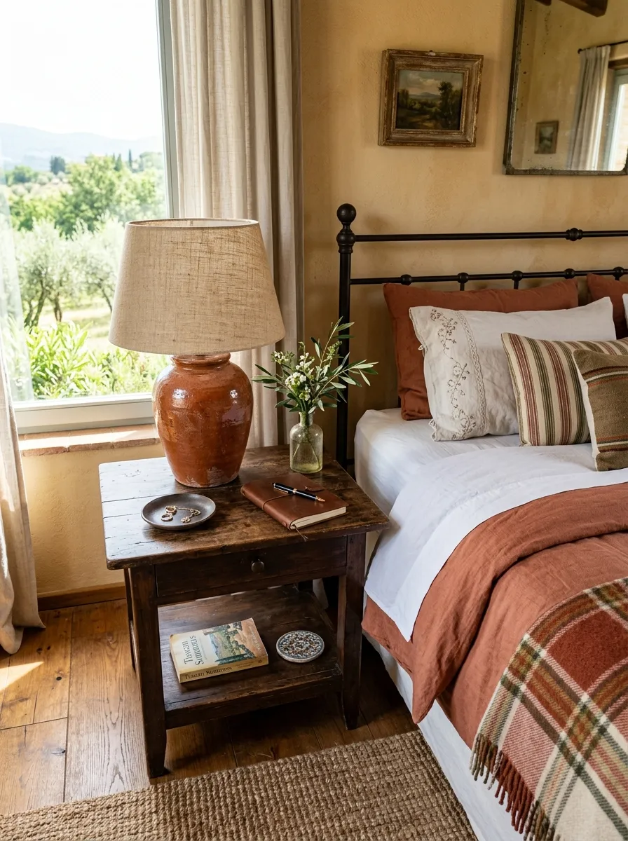 A bedroom nightstand with a handmade ceramic lamp featuring a terracotta glazed base and linen shade, neatly made bed nearby, bright natural light, beautifully arranged small decor pieces, clean and organized Tuscan style, vibrant earthy tones, real-life stock photography style.