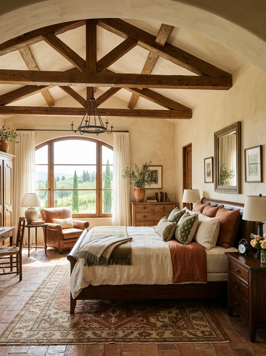 A bedroom with a vaulted ceiling and exposed wooden trusses, neatly made bed below, bright natural light streaming through a window, beautifully arranged furniture, clean and organized spacious Tuscan style room, vibrant warm tones, real-life stock photography style.