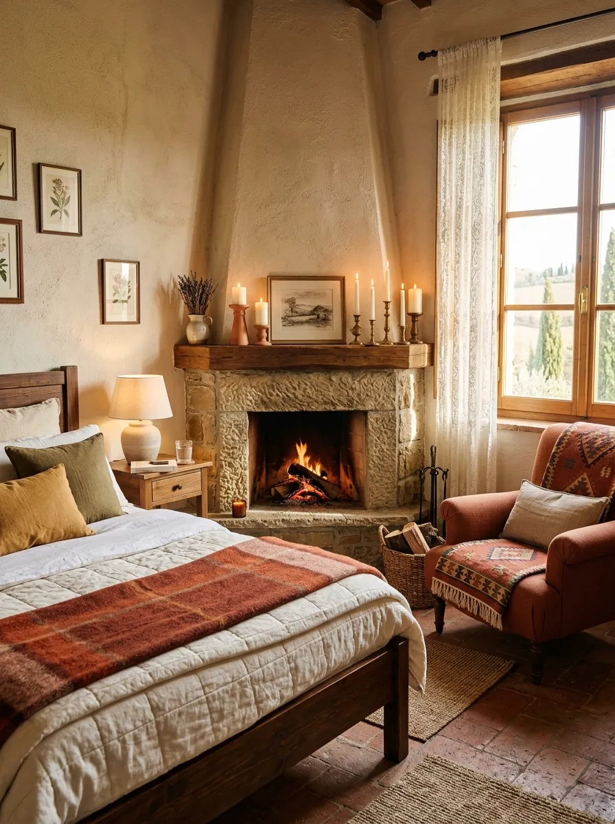 A bedroom corner with a small stone fireplace, neatly made bed nearby, a cozy chair beside the fireplace, bright natural light filling the space, beautifully arranged candles on the mantel, clean and organized rustic Tuscan style, vibrant warm tones, real-life stock photography style.