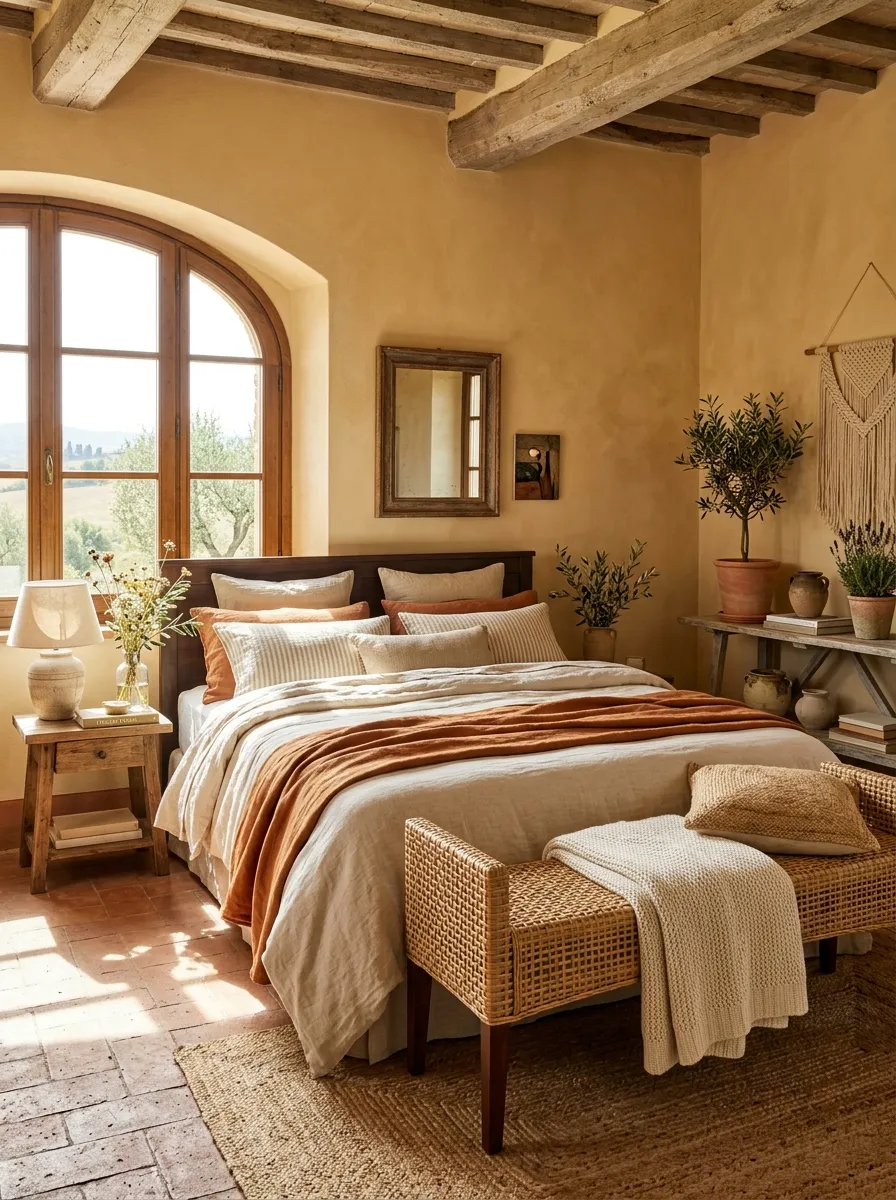 A bedroom with a woven rattan bench at the foot of a neatly made bed, linen bedding, bright natural light streaming in, beautifully arranged natural textures throughout the room, clean and organized Tuscan style space, vibrant warm tones, real-life stock photography style.