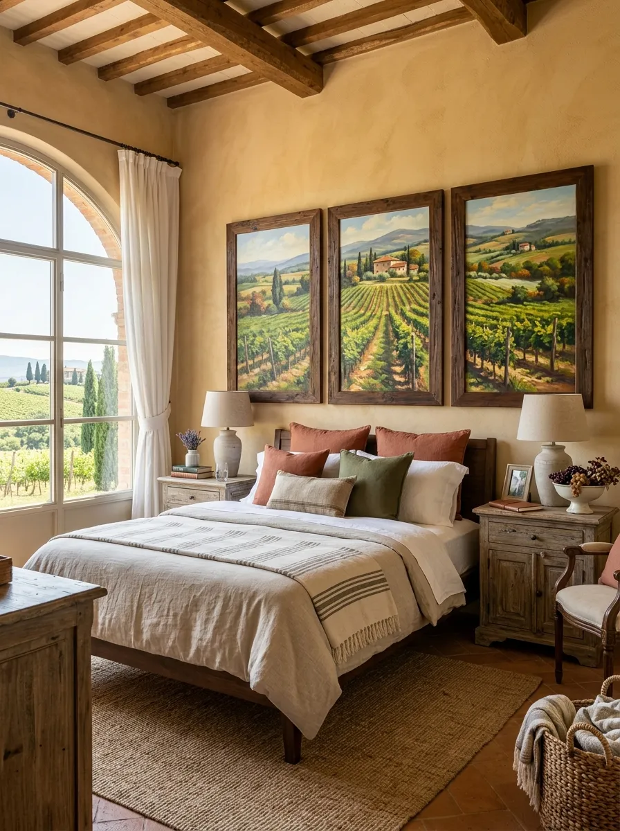 A bedroom with large framed vineyard-inspired wall art above a neatly made bed, linen bedding, bright natural light in the room, beautifully arranged nightstands on either side, clean and organized Tuscan style, vibrant warm countryside tones, real-life stock photography style.