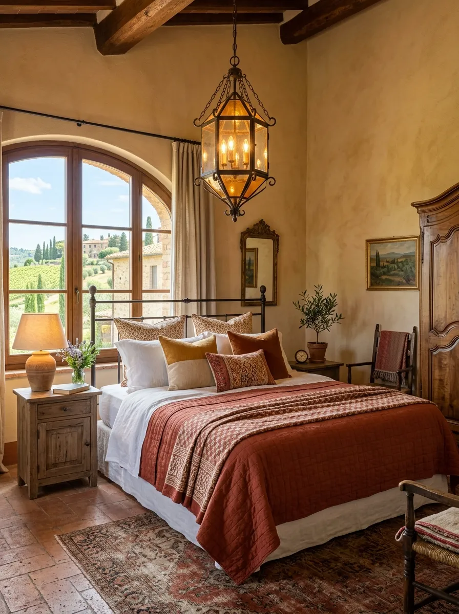 A bedroom with an iron and glass pendant chandelier hanging above a neatly made bed, bright natural light mixing with warm chandelier glow, beautifully arranged bedding and pillows, clean and organized Tuscan style room, vibrant warm tones, real-life stock photography style.