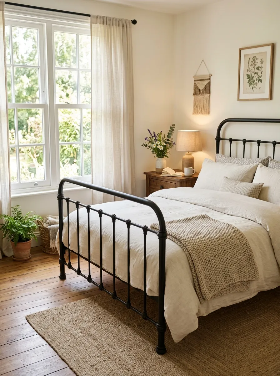 A cozy bedroom featuring a wrought iron bed frame, neatly made with ivory linen bedding and a wool throw folded at the foot, bright natural light from a nearby window, beautifully arranged nightstand with a small vase, organized and clean, warm vibrant tones, real-life stock photography style.