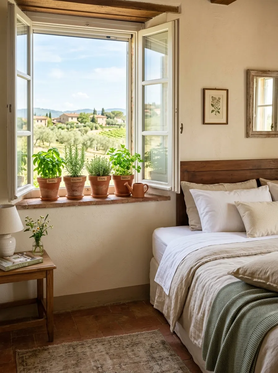 A bedroom windowsill styled with small herb plants in matching terracotta pots, neatly made bed in the background, bright natural light streaming through the window, beautifully arranged greenery, clean and organized Tuscan style space, vibrant fresh green tones, real-life stock photography style.