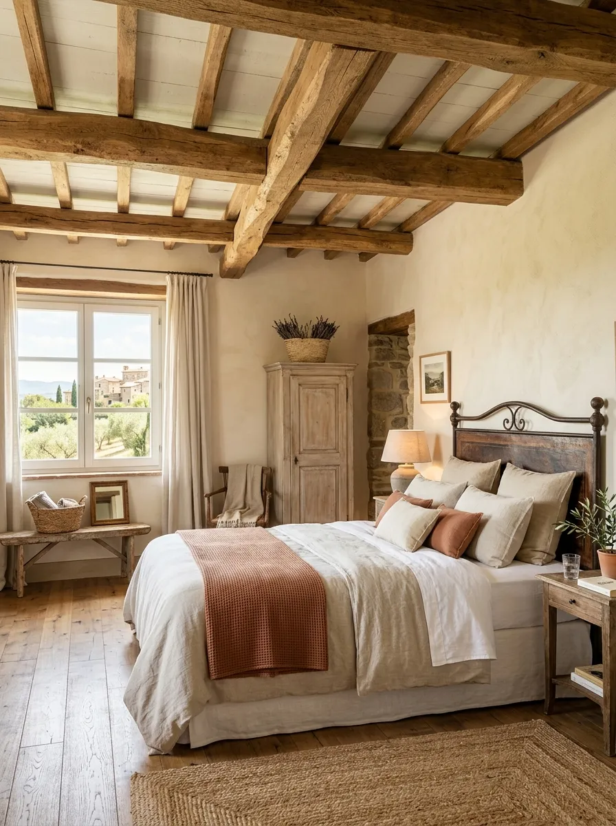 A bright bedroom interior with exposed wooden ceiling beams, neatly made bed below with neutral colored bedding, soft bright natural light filling the room, beautifully arranged furniture, clean and organized rustic Tuscan farmhouse style, real-life stock photography, warm vibrant undertones.
