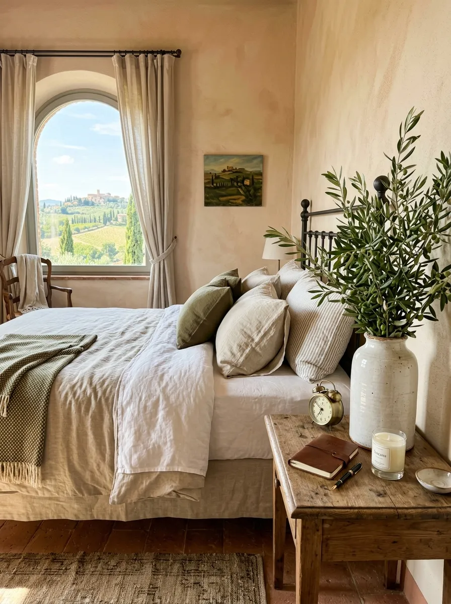 A styled bedroom nightstand with a tall ceramic vase holding olive branches, neatly made bed in the background with linen bedding, bright natural light, beautifully arranged decor, clean and organized Tuscan style room, vibrant natural greens, real-life stock photography.