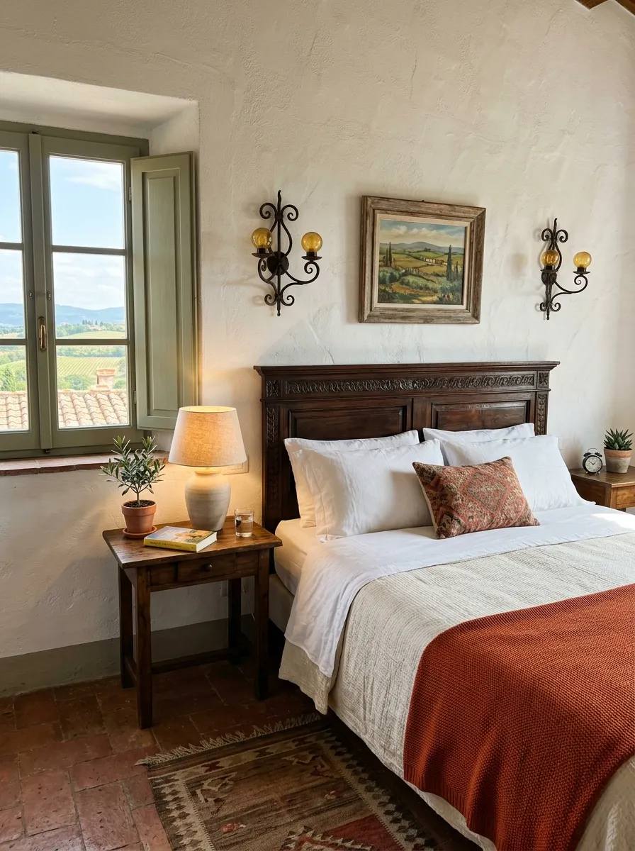 A real bedroom with whitewashed textured plaster walls, neatly made bed with dark wood headboard, bright natural light casting soft shadows on the wall texture, beautifully arranged wrought iron sconces, clean and organized Tuscan style, vibrant warm accents, real-life stock photography.