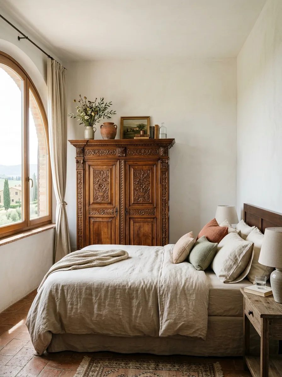 A bedroom featuring an antique carved wooden armoire against a plain wall, neatly made bed nearby with linen bedding, bright natural light, beautifully arranged small decor items on top of the armoire, clean and organized Tuscan style, vibrant warm wood tones, real-life stock photography.