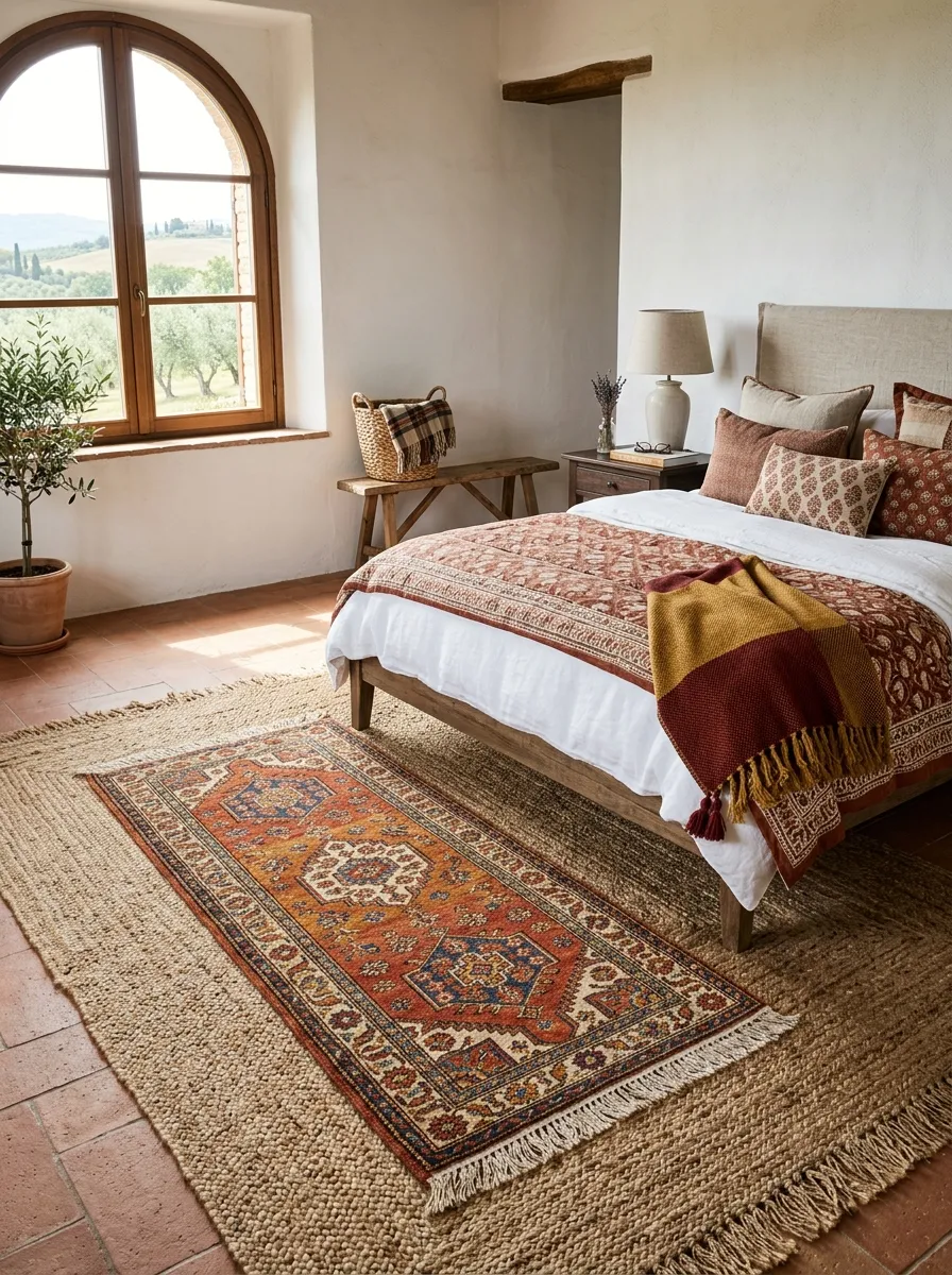 A bedroom floor with layered woven jute rug and a smaller patterned runner near a neatly made bed, bright natural light, beautifully arranged textiles in earthy tones, clean and organized Tuscan style space, vibrant warm colors, real-life stock photography style.