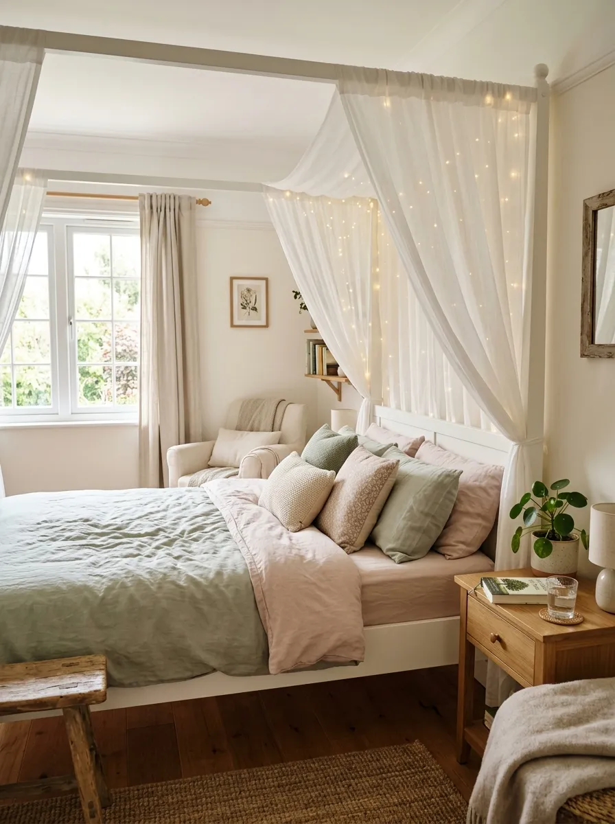 Realistic photo of a cozy bedroom with a white canopy bed draped in sheer curtains and warm fairy lights, neatly made bed with soft pastel bedding, beautifully arranged pillows, organized nightstand with a small plant, clean minimal decor, bright natural light streaming through a window, vibrant warm tones, real-life lived-in home aesthetic, stock photography style, no people