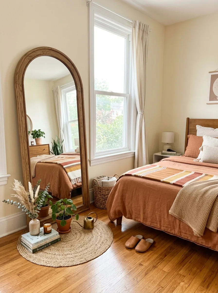 Realistic photo of a bedroom with a large arched wooden-framed mirror leaning against a wall near a window, neatly made bed nearby, beautifully arranged small decor items on the floor beside the mirror, organized clean space, bright natural light reflecting softly, vibrant warm tones, real-life home interior, stock photography style, no people