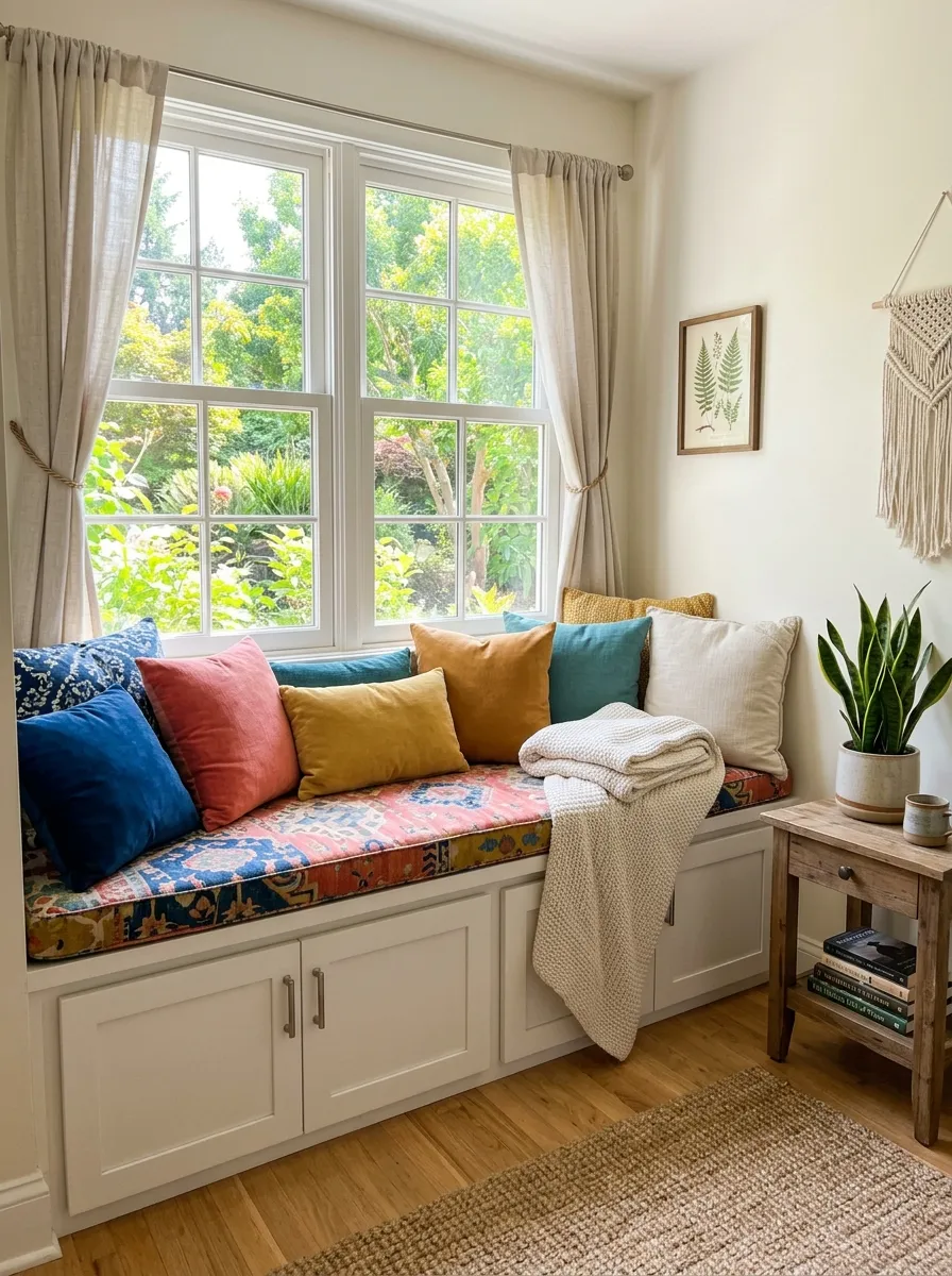 Realistic photo of a bedroom window seat nook with built-in storage bench, neatly arranged plush cushions and pillows, beautifully organized soft throw blanket, clean tidy corner near a window, bright natural light streaming in, vibrant cushion colors, real-life home interior, stock photography style, no people