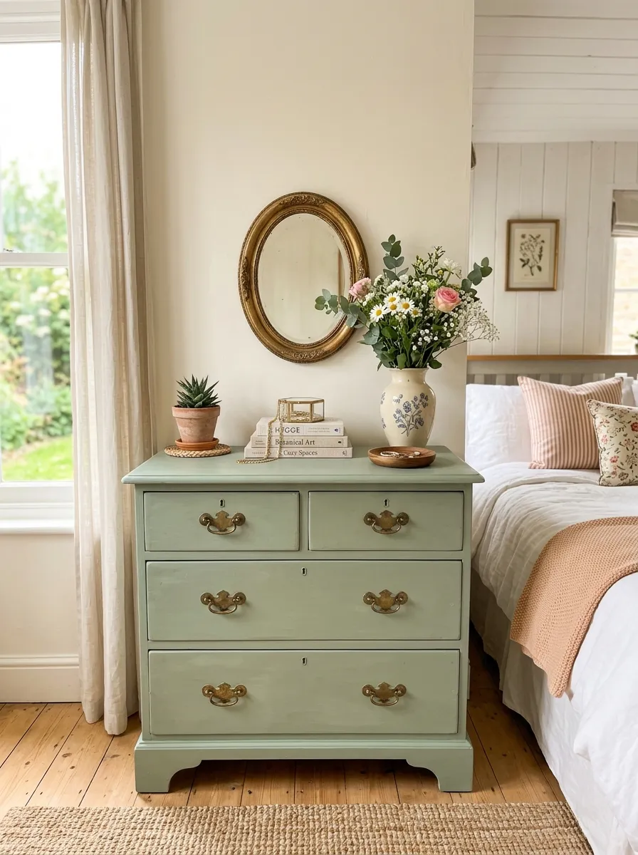 Realistic photo of a bedroom with a hand-painted vintage wooden dresser in soft pastel color with brass handles, neatly arranged decor items on top, beautifully organized small mirror and vase, clean tidy room, bright natural light, vibrant pastel tones, real-life home interior, stock photography style, no people