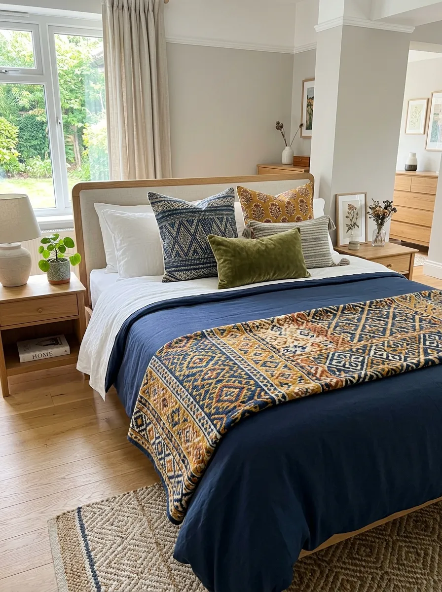Realistic photo of a neatly made bed with mixed pattern bedding layers, solid duvet with a patterned throw blanket and textured pillows, beautifully arranged complementary colors, organized clean bedroom setting, bright natural light, vibrant layered colors, real-life home interior, stock photography style, no people