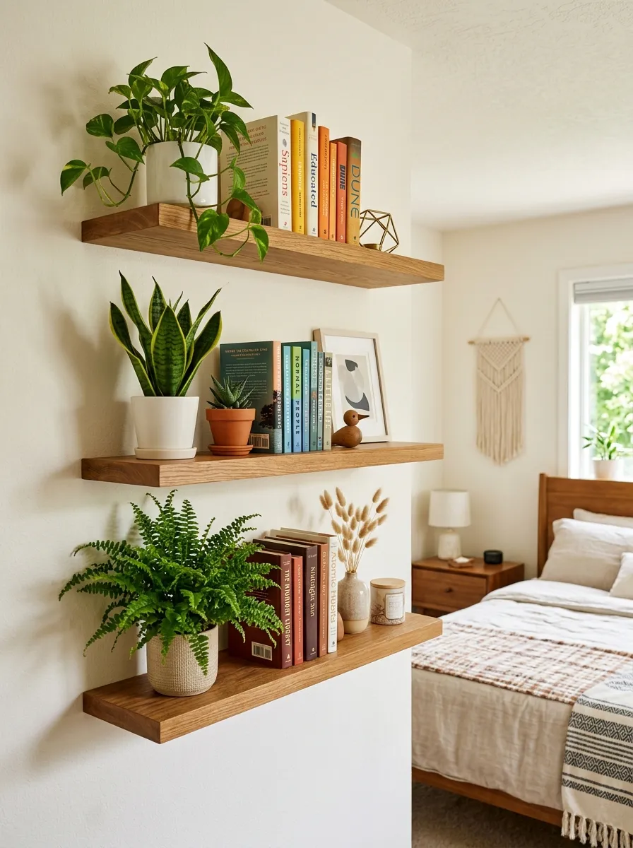 Realistic photo of a bedroom wall with neatly arranged floating wooden shelves displaying small plants, books, and decor trinkets, beautifully organized by color and height, clean tidy styling, bright natural light, vibrant plant greens and warm wood tones, real-life home interior, stock photography style, no people