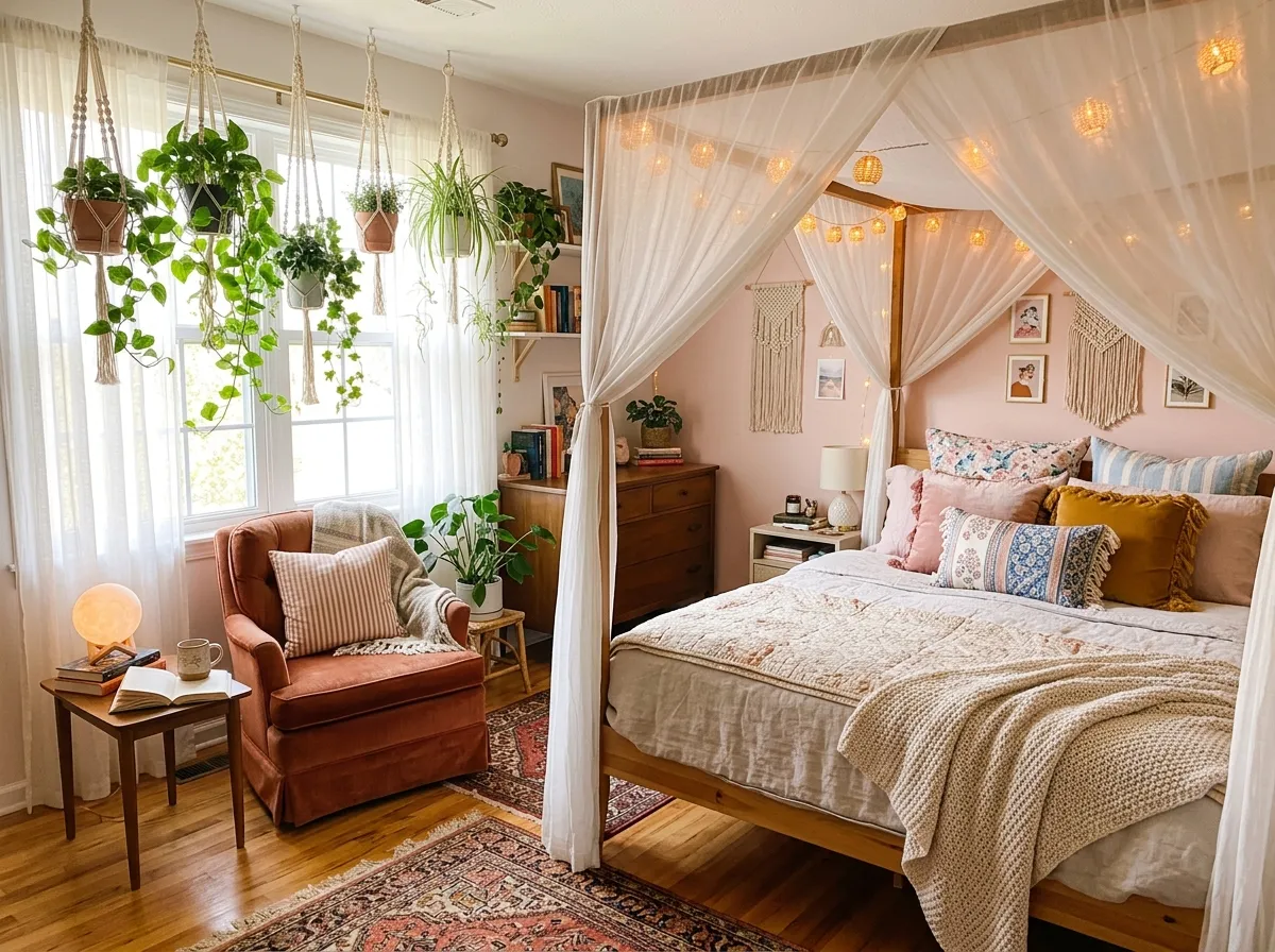Realistic photo of a dreamy whimsy bedroom captured from a slightly elevated angle, showing a canopy bed with sheer drapery and warm fairy lights, a soft pastel accent wall, layered vintage rugs, hanging plants near a sunny window, and a small reading nook with a moon lamp, neatly made bed with beautifully arranged mixed-pattern pillows, organized clean styling throughout, bright natural light streaming through a large window, vibrant warm and pastel tones, cozy real-life lived-in home interior, vertical portrait composition, stock photography style, no people, no text