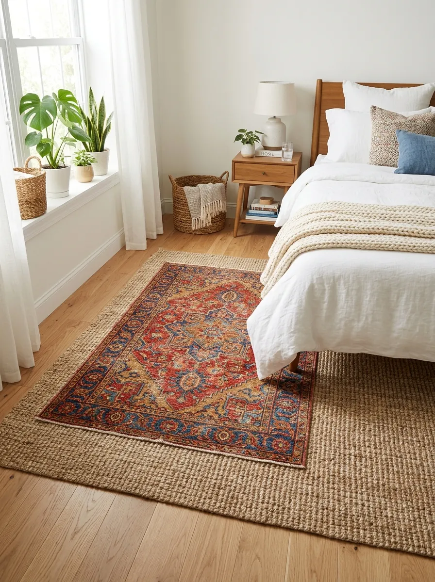 Realistic photo of a bedroom floor with two layered rugs, a small vintage patterned rug placed over a larger neutral rug near a neatly made bed, beautifully arranged cozy textures, organized clean room, bright natural light, vibrant patterned rug colors, real-life home interior, stock photography style, no people